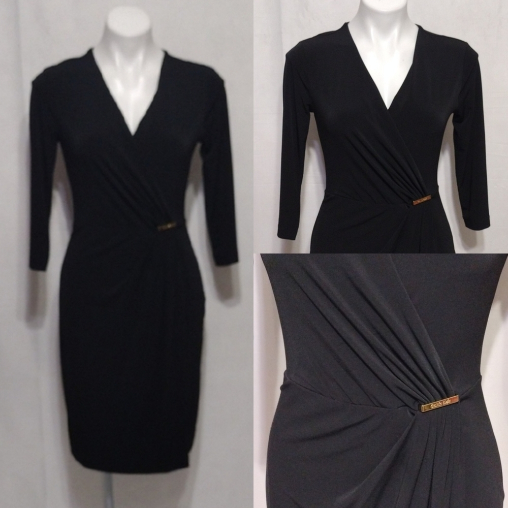 Calvin Klein Black Faux Wrap Sheath Dress Size 4 Metallic Waist Accent Elegant